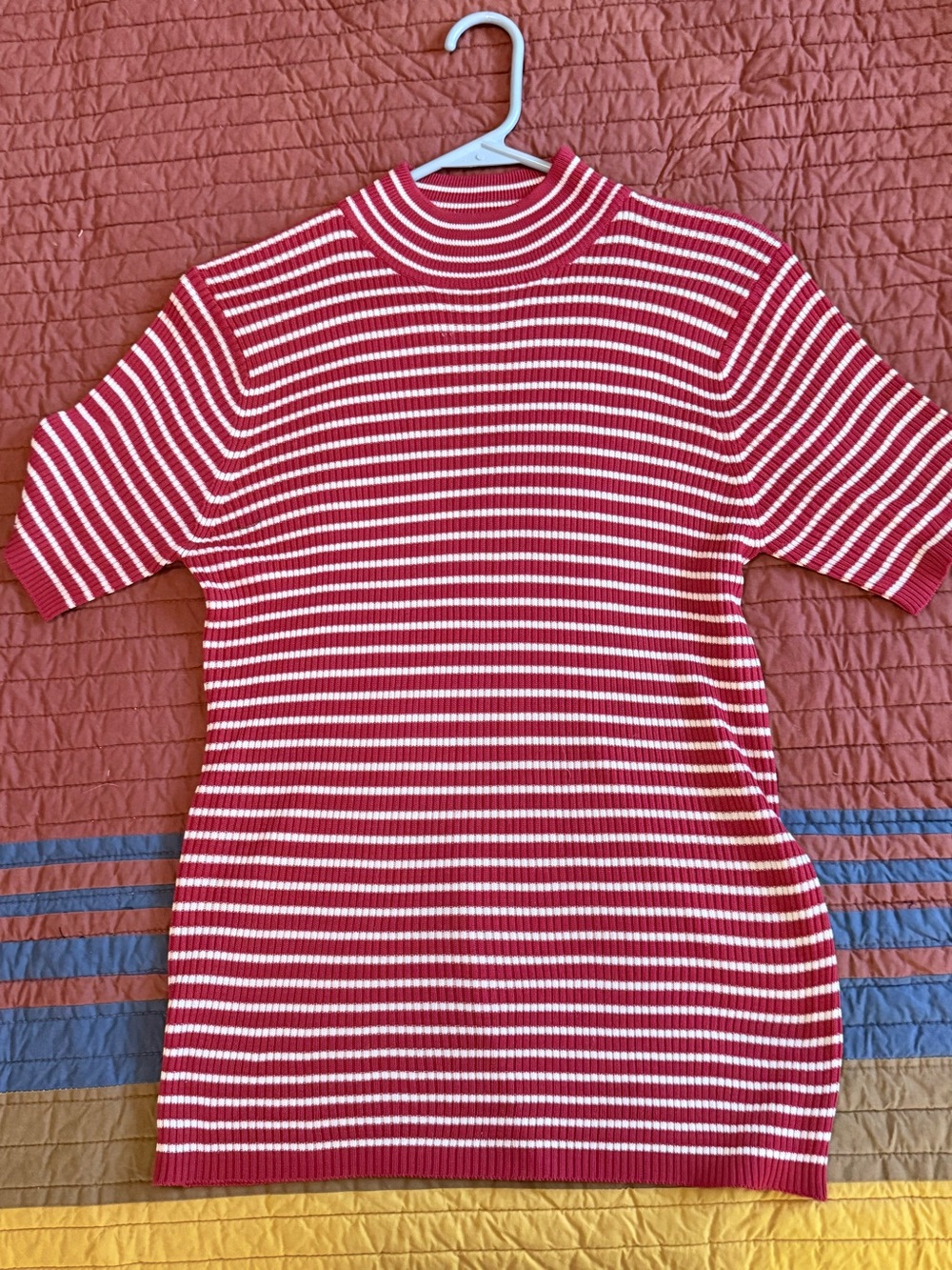 Austin Reed Red & White Striped Short-Sleeve Mock Neck Top